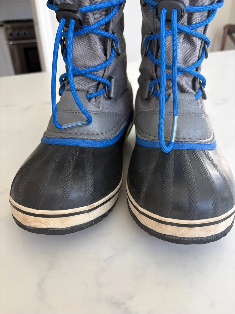 Sorel Kids Grey and Blue Waterproof Winter Boots with Cream Cuff